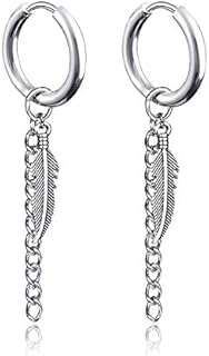 JZZJ Feather Punk Hoop Earrings Stainless Steel Leaf Huggie Stud Earrings Hinged Unisex Piercing Jewelry 1 PAIR,Long Chain Dangle EarringsFeather Silver 1 Pair
