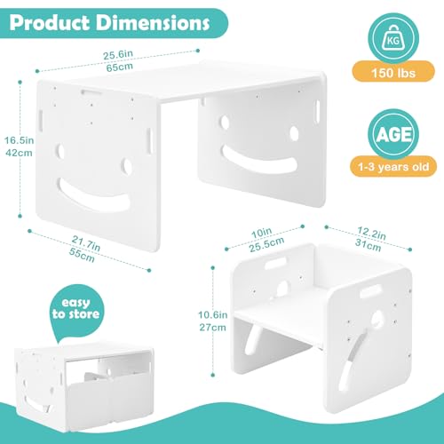 FUNLIO Montessori Höhenverstellbares kindertisch mit 2 stühlen für 1-3 Jährige, hochwertiger Massivholz Kinder Tisch Stuhl Set, zum Lesen/Essen/Spielen, einfach aufzubauen – Weiß