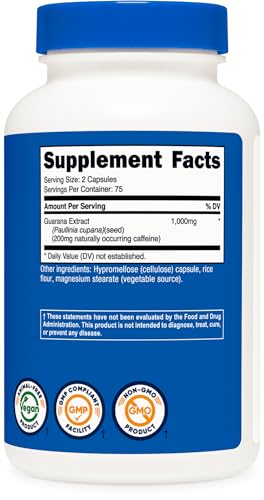 Image of Nutricost Guarana 1000mg Per Serving, 150 Vegetarian Capsules, 75 Servings (Pack of 2)