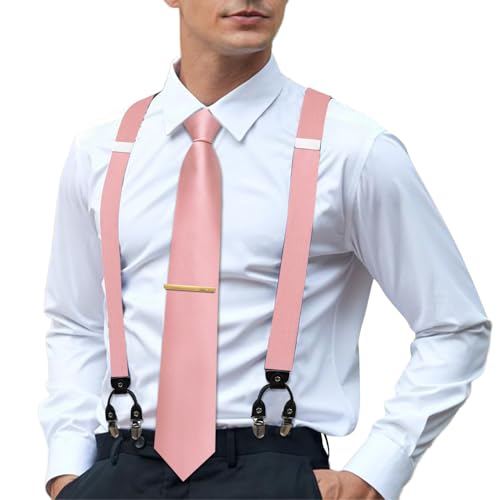 Image of Hi-Tie Men's Suspenders and Tie Set Silk Adjustable Elastic Y Braces with Strong 6 Clips Pocket Square Set