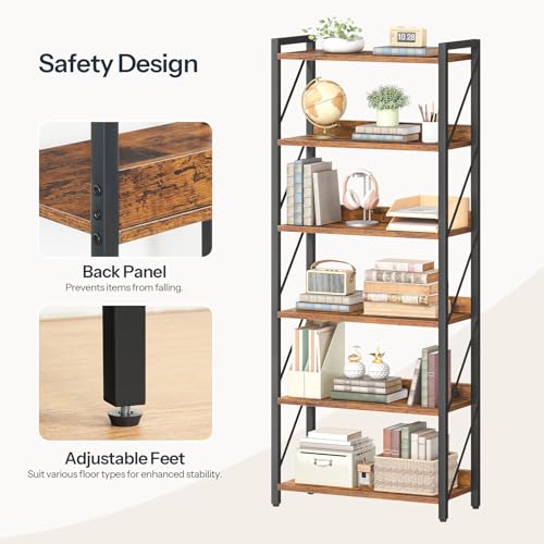 Image of HOOBRO Bookshelf, 6-Tier Industrial Bookcase, Book Shelf Storage Organizer, Tall Bookshelf with Metal Frame for Living Room, Bedroom, Home Office, Kitchen, Rustic Brown and Black BF726SJ01