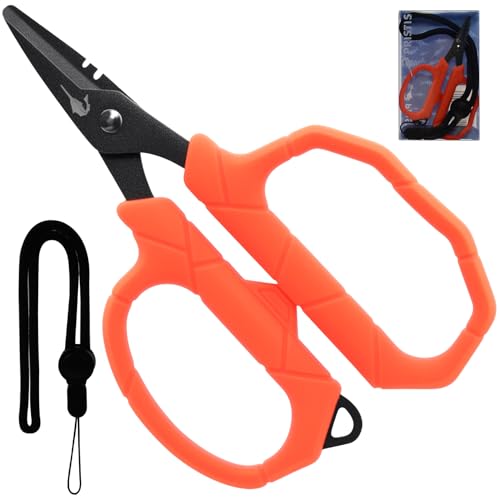 Pristis Fishing Scissors with Lanyard, Stainless Steel Blades Line Cutter with Non-slip Grip, Saltwater Durable Micro Serrated Edge Multi Tool, Small Mini Gear Kit for Braided Mono Fluorocarbon Line