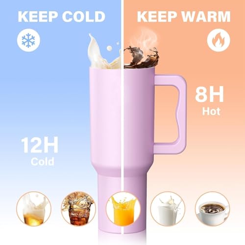 Image of WEZOSHINET 1200ml Stainless Steel Tumbler with Handle & Straw, Double Wall Vacuum Insulated Travel Mug with Spill Proof Lid, Reusable Sipper Cup for Hot & Cold Drinks (Purple)