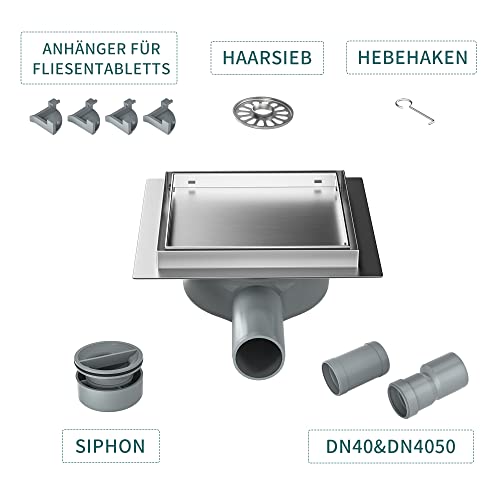 Bernkot Duschrinne Quadrat 15 * 15cm, 360° Siphon mit Geruchsstop und Haarsieb 2 in1 Befliesbar Edelstahl Ablaufrinne Bodenablauf Duschablauf sehr flach, Silbrig