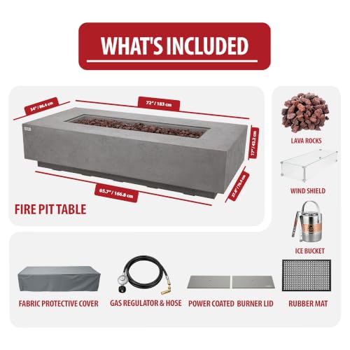 Image of AMS Creations | Savanah 72 inch Bundle Rectangular Cast Concrete Natural Gas Fire Pit Table | Light Gray | Travertine Texture Surface | Electronic Ignition |Outdoor Patio Heater Outside Backyard Fireplace