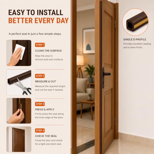 Image of MMT Acoustix Door Gap Filler | EPDM D Shape Self Adhesive Weather Stripping Seal Strip | Main Entry Door Seal | 18 Ft | Brown | 1 Pc