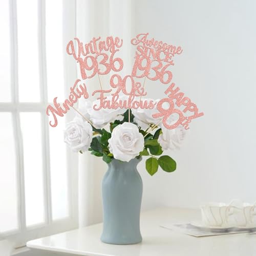 Image of 15 PCS 90th Birthday Centerpiece Sticks Double Sided Ninety Happy 90th Vintage 1936 Table Flower Centerpieces Sticks Cheers to 90 Fabulous Floral Decorations for 90th Birthday Party Supplies Rose Gold