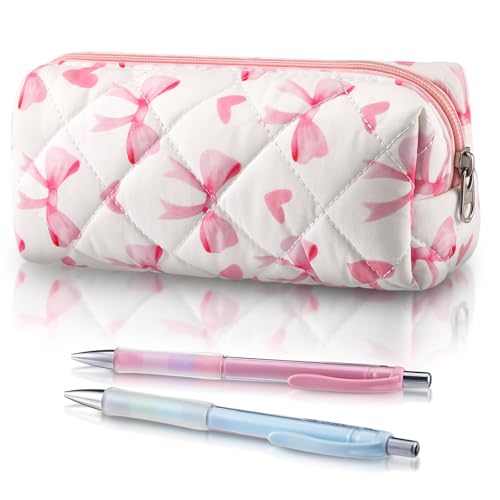 Image of Sherr Coquette Bow Pencil Case Pink Bow Cute Pencil Pouch Soft Cotton Storage Bag Aesthetic Pattern Gift Makeup Pouch Cosmetic Travel Bag for Women