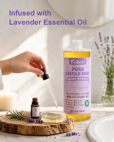 Image of Yoken Lavender Castile Soap Liquid (EWG Verified, 32 OZ) Made with Certified Organic Oils, Gentle Lavender Soap for Body Wash, Face, Hands, Dishes, Laundry & More, Vegan Natural Versatile Cleanser