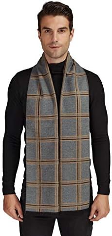 EP Mode Men's Luxury Silk Brushed Scarf for Winter, Exceptionally Soft and Warm (Plaid Grey Camel)