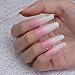 MISUD Press on Nails - Long Coffin Fake Nails with Pink White Ombre, Acrylic Rhinestone Design 24 pcs
