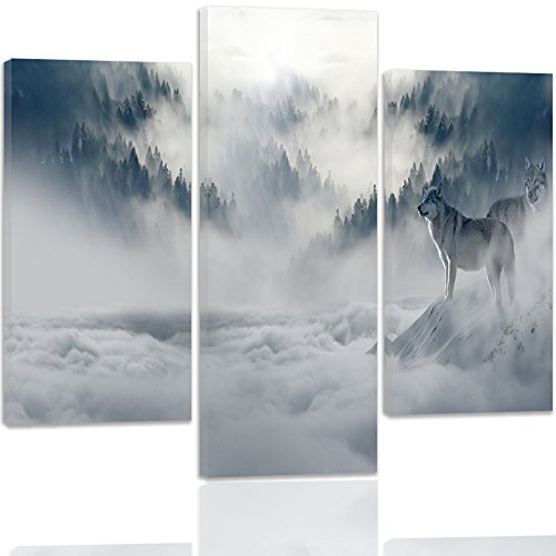 Feeby. Tableau multi panneaux - 3 parties - Impression sur toile, Décoration murale, Image imprimée, Type A, 60x80 cm, FORÊT, LOUPS, NATURE, GRIS