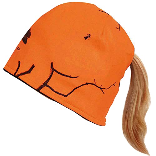 Edtrek Womens Reversible Teck Beanie Hat With Ponytail Hole - Windproof Fleece Winter Hat & Orange Hunting Hats (Black-Wildfire Camo), One Size #TOP12