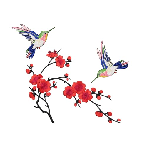 HEYTRCO Ava Large Iron on Patches, Red Plum Blossom and Hummingbird Embroidered Patches for Clothes, Chinese Style Applique for Hats, Jeans, Backpacks, Decor for Happy and Hope