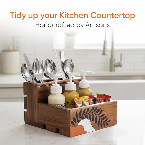 Image of AAKRITI ART CREATIONS Teak Leaves Cutlery Holder Large | Hand-painted Teak Wood Stand For Dining Table | Kitchen Knife Holder | Wooden Cutlery Holder, Natural Brown Matte Finish