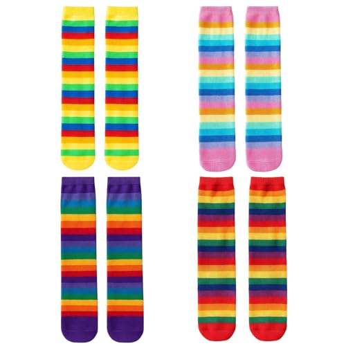 DqiUnaX 4 Paar Gestreifte Kniestrümpfe Mädchen, Regenbogen Kniestrümpfe Kinder, Regenbogen Socken, Bunte Oberschenkel Hohe Socken Bein Strumpf 2-12 Jahre Größe 23-38