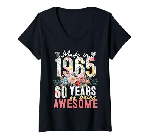 Mujer 60th Birthday Floral Made in 1965 Gifts 60 Years Old Womens Camiseta Cuello V
