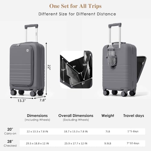 Image of 20 Inch Checked Suitcase with TSA Lock Travel Duffel Bag Wet-Dry Toiletry Bag, Grey Front-Opening