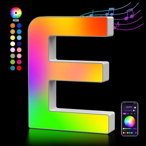 Letra Luminosas Mayúscula con USB, Letras de Luces LED Iluminadas Control APP, Luces Etras de neón, Luces de Noche para Pared, Fiesta de Cumpleaños, Navidad, Decoración de Boda, Letras - E