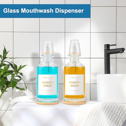 Image of Glass Mouthwash Dispenser for Bathroom 11.8OZ, Clear Refillable Mouthwash Container with Glass Mouthwash Cup, Bamboo Tray and Golden Sticker, Stainless Steel Pour Spout and Funnel