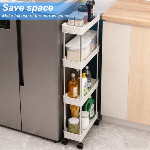 4 Tier Slim Storage Trolley Slide Out Rolling Utility Shelf Rack Storage Cart on Wheels Mobile Shelving Space Organizer with Hook for Small Narrow Spaces Kitchen/Bathroom/Laundry Room/Office,Plastic - Image 3