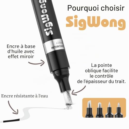 SigWong Marqueurs Acrylique Métallique, 4Pcs Feutre Peinture Permanent, Imperméable et Réfléchissant, Stylo Chrome Liquide Permanent et Brillant pour Peinture Résine - Argent – vue 2