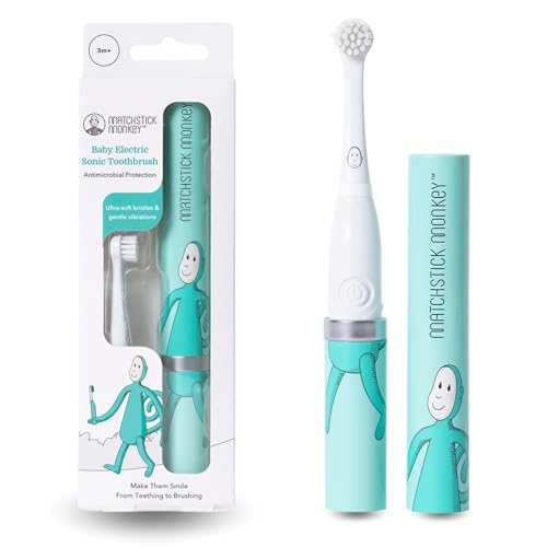 Matchstick Monkey Baby Elektrische Zahnbürste - Sanfte Reinigung für Babys & Kleinkinder - 3-36 Mon. - ultraweiche Borsten & BioCote® Schutz - Schallzahnbürste - inkl. Batterie (Affe)