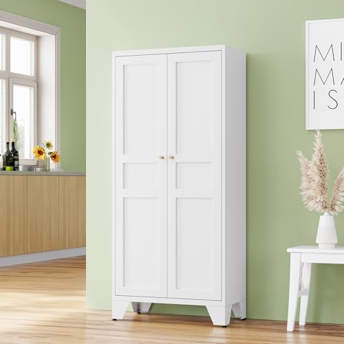 RAVIGIN Metal Storage Cabinet,61" H Pantry Cabinet with 2 Doors and 4 Adjustable Shelves,5 Tier Tall Kitchen Storage Cabinets for Kitchen,Pantry,Living/Study/Laundry Room(White)