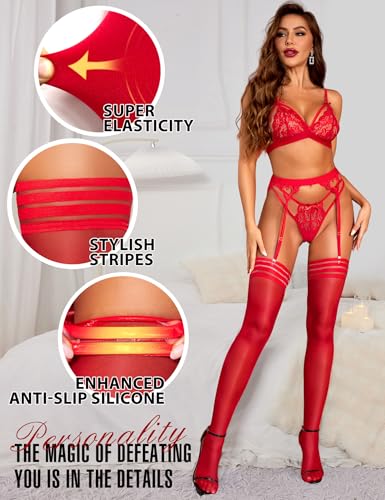 Image of RSLOVE Thigh High Stockings for Women - Stripe Top with Anti-Slip Silicone Stay Up Sheer Pantyhose for Cosplay, Date Night