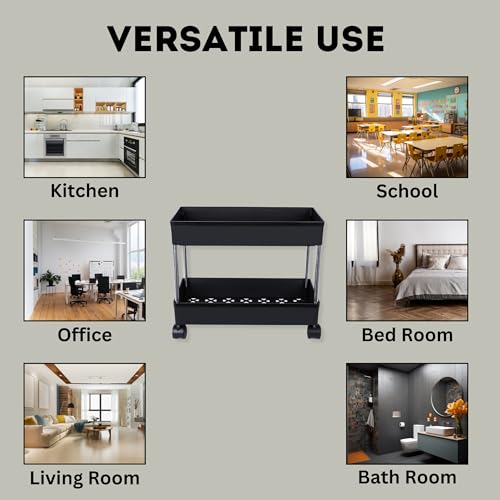 Image of Multipurpose 2-Tier Storage Shelf, Storage Rack with Wheels, Storage Organizer Cart for Kitchen, Pantry Closet, Bedroom, Bathroom(2 Layer,Black)