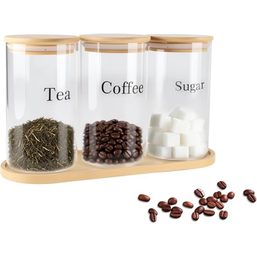 ZoeQide Set de 3 Boîtes en Verre Étanches avec Couvercles en Bois - Boîte à Sucre, Boîte à Thé, Boîte à Café, Boîte à Sucre en Morceaux -...