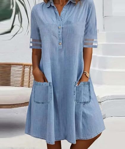 Image of SOMTHRON Women's Denim Shirt Dress Lapel Tulle Short Sleeve Button Down Loose Jean Tunic Midi Dress with Pockets