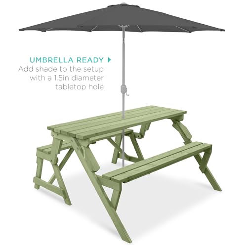 Image of Best Choice Products 2-in-1 Transforming Interchangeable Outdoor Wooden Picnic Table Garden Bench for Backyard, Porch, Patio, Deck w /Umbrella Hole - Sage Green
