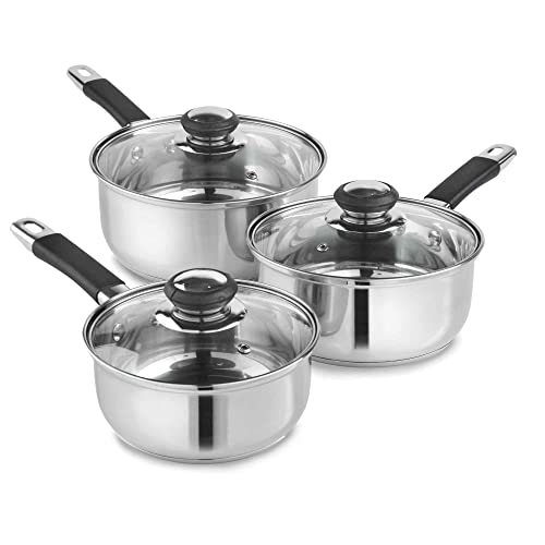 LEWIS'S Non-Stick Induction Saucepan Set with Glass Lids - Stainless Steel Kitchen Cookware - Ultra-Conductive Cooking Pots with Vented Lids (Set of 3)