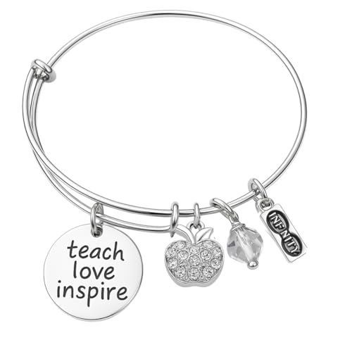 Infinity Collection Teacher Bracelet – Silver Expandable Bangle with “Teach Love Inspire” Charm, Crystal Apple & Bead – Appreciation Gift for Teachers, Mentors, and Educators