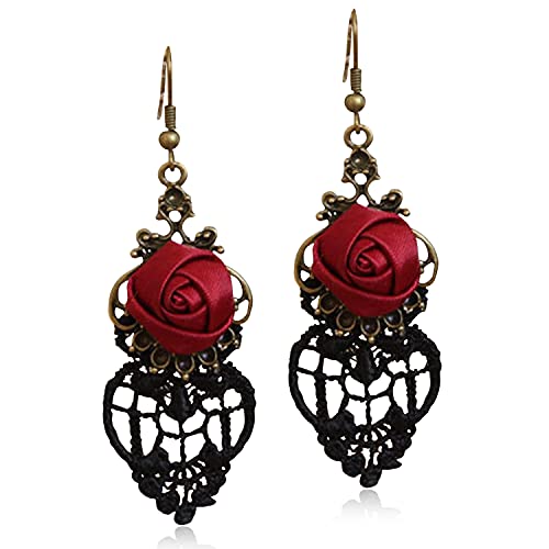 Unique Personalized Punk Handmade Lightweight Vintage Red Rose Flower Dangle Drop Earrings for Women Statement Jewelry Gifts Retro Fabric Flower Hook Earrings