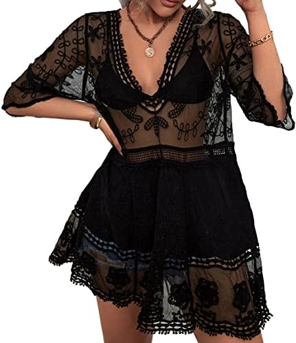 Eomenie Women's Contrast Lace Bathing Suit Cover Up V-Neck Coverups Swimwear Swimsuit Loose Summer Beach Dress Beachwear