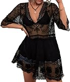 Eomenie Women's Contrast Lace Bathing Suit Cover Up V-Neck Coverups Swimwear Swimsuit Loose Summer B