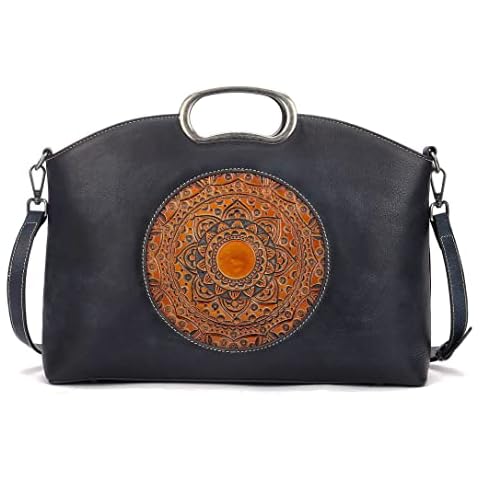 ah arctic hunter Genuine Leather Handbags for Women, Organizer Crossbody Bag Large Satchel Vintage Embossing Totem Shoulder Bag, Navy Blue, 14.37*4.13*10.63inches Cover