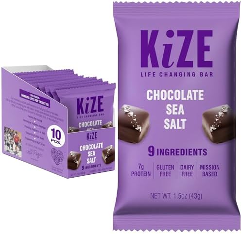 KiZE Energy Bars - Chocolate Sea Salt - Gluten Free, Dairy Free, Non-GMO, and High Protein Meal Replacement Energy Bars, Meal Bas, Clean & Simple Food Ingredients - 7g High Protein Snacks, (10 Count)
