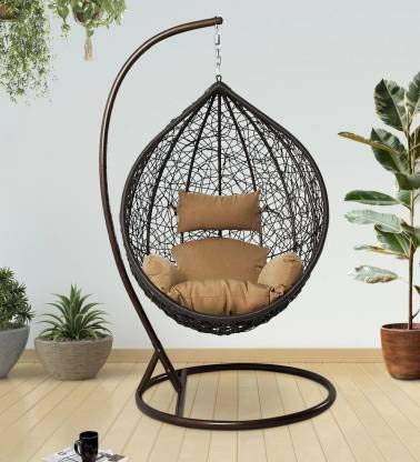 Flying Arrow Outdoor Furniture Single Seater Swing, Beautiful Swing with Stand (Black Swing with Light Brown Cushion)