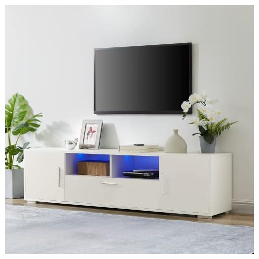 Aline 63 inch TV Stand Entertainment Console for up to 55/65/70 Inch Television - High Glossy, Enclosed Storage, LED Light w/Remote (White)