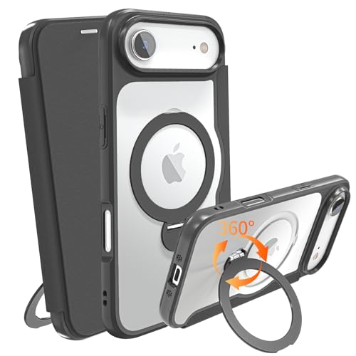 IIKAYO iPhone 17 Air 用 ケース 手帳型 カード収納 背面クリア MagSafe対応 リング付き 360°回転スタンド軽い 薄型 耐衝撃 全面保護 縦横両対応 レザー素材 マグセーフ対応 おしゃれ 黒