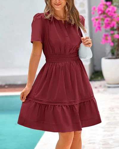 BTFBM Women's Casual Dresses 2025 Summer Spring V Neck Short Sleeve Sundress Smocked Waist A Line Tiered Mini Dress