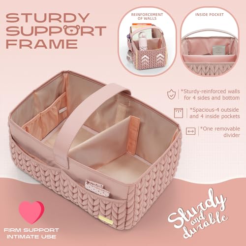 LUKJOJO Luxurious Baby Diaper Caddy, Nursery Storage Basket for Newborn Boy and Girl, Travel Baby Basket for Diapers Baby Wipes, Organizer Tote Bag Storage Bin, Baby Shower Gifts (dusty rose) - Thumbnail 3