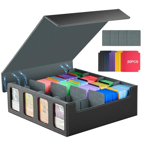 TiMOVO MTG Deck Box, Magnetic Trading Card Storage Case Holds 3000+ Sleeveless Cards with 20 Colorful Dividers & 4Pcs Card Supporters, 4 Rows Commander Card Deck Box for Magic Game Cards, Black + Grey