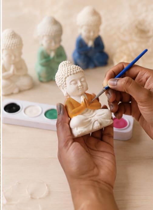 Image of Meenas DIY Kids Plaster Painting Kit - Paint Your Own 3D Figurines with Acrylic Colours & Brush | Perfect Birthday and Farewell Gift, Creative Art & Craft Activity Gift for Kids 2+ (Budha)