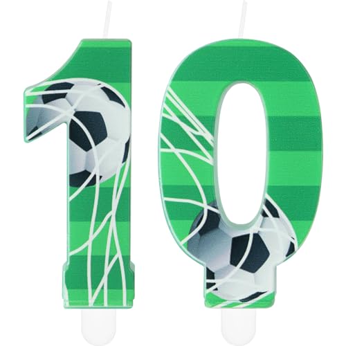 Velas de aniversário com números de futebol, vela de aniversário número 10 para bolo, decoração de festa de aniversário temática de futebol para crianças, decoração de bolo de 10 velas verdes para