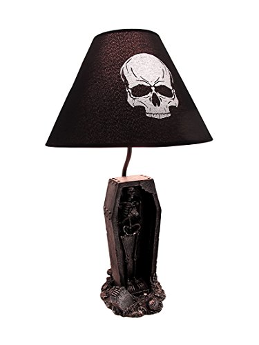 Shadows of Twilight Skeleton in a Coffin Table Lamp - with Black Fabric Skull Print Shade - Creepy Bedroom or Living Room Gothic Decor - 22 Inches High