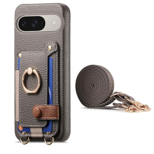 Étui portefeuille Google Pixel 9A gris en cuir à bandoulière pour un style urbain épuré